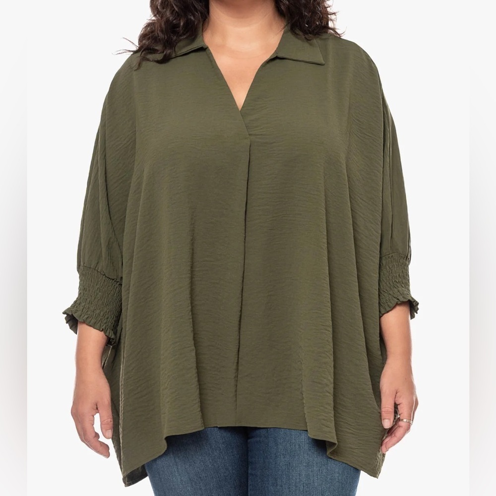☀️ Olive Green Size 1XL Oversized Blouse with Smocked Sleeves – Boho Tunic Top